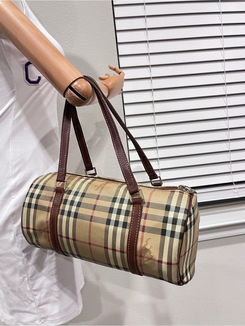 BURBERRY CHECK PVC BARREL BAG.
